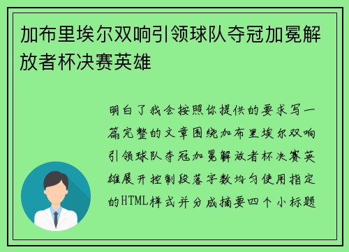 加布里埃尔双响引领球队夺冠加冕解放者杯决赛英雄