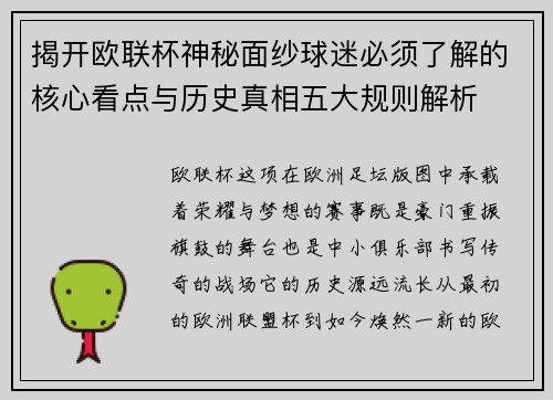 揭开欧联杯神秘面纱球迷必须了解的核心看点与历史真相五大规则解析